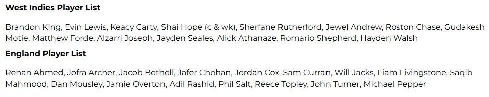 West Indies vs England Playing XI Prediction