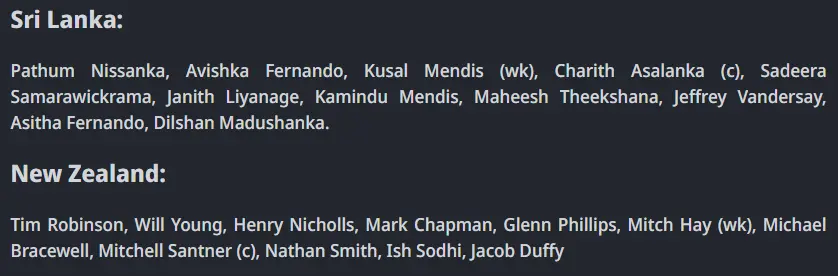 Sri Lanka vs New Zealand Playing XI Prediction